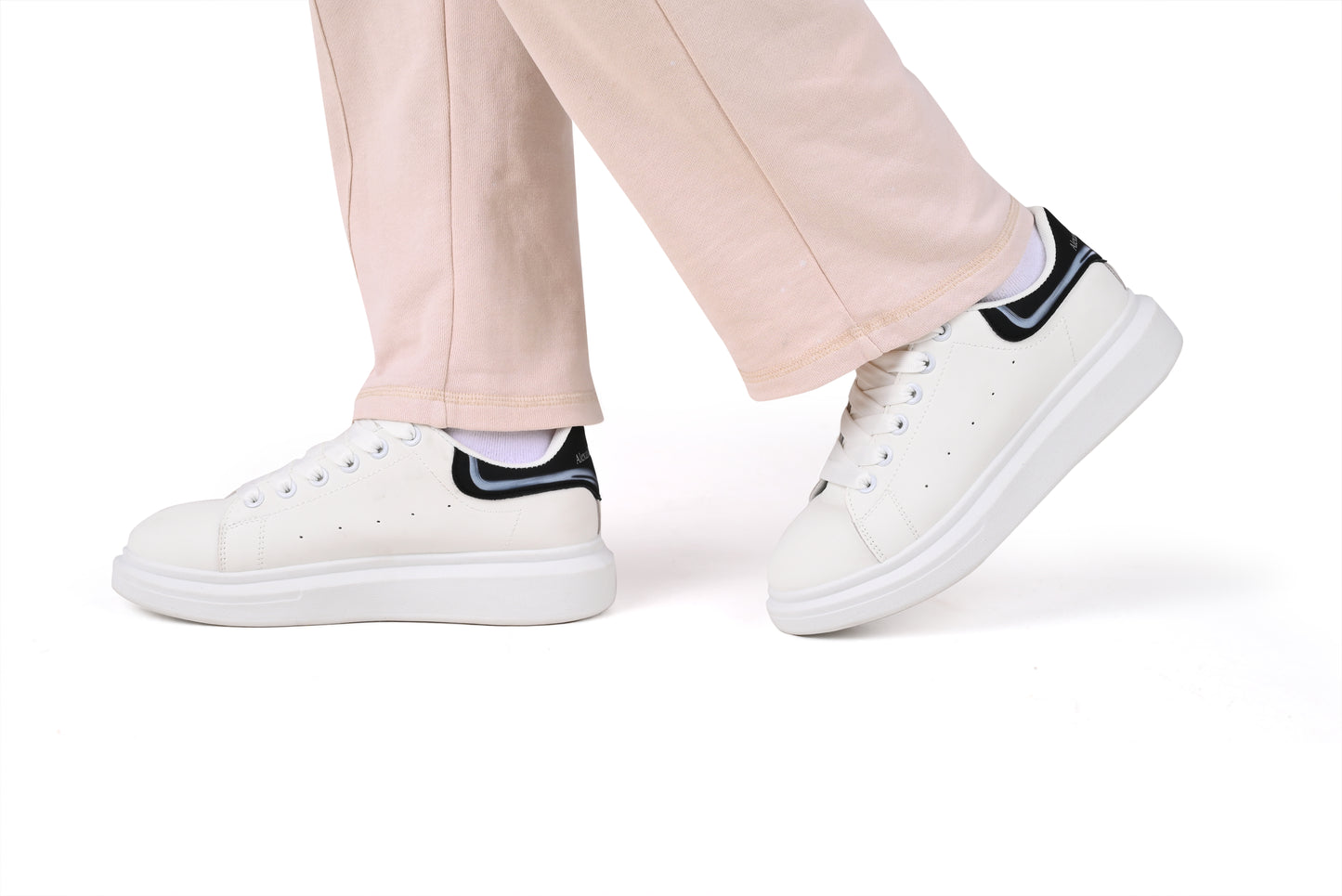 Alexander McQueen Style Unisex White Sneakers – Black Heel Detail