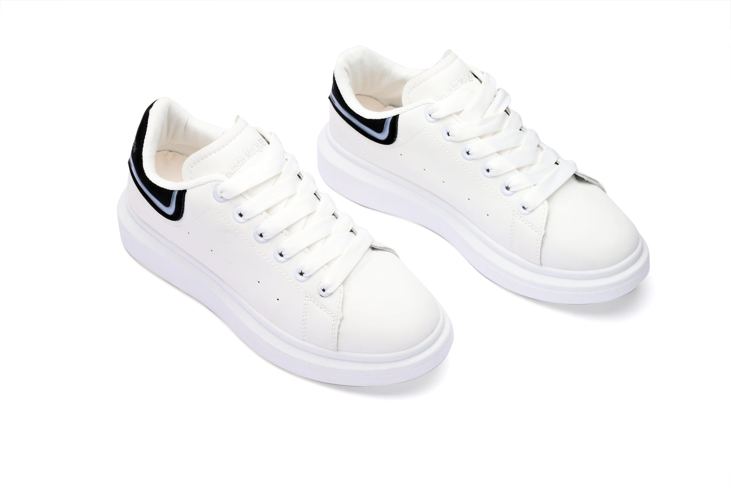 Alexander McQueen Style Unisex White Sneakers – Black Heel Detail